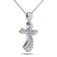 White Stones Cross Steel Cremation Chamber Pendant Necklace