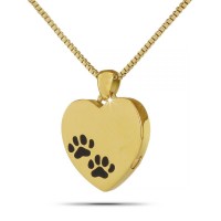 Paw Print Heart Gold Steel Cremation Chamber Pendant Necklace